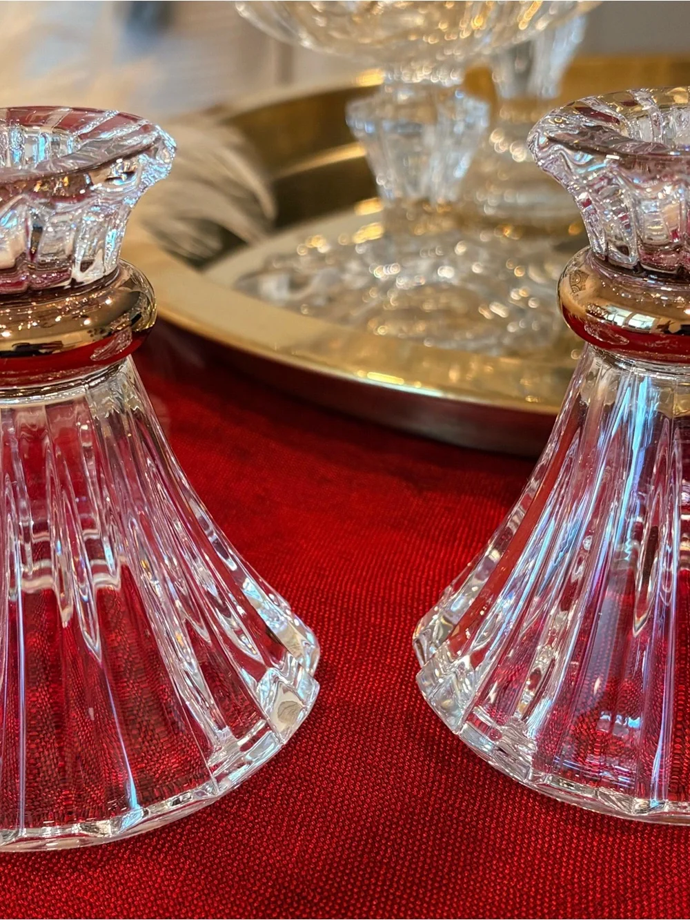 Vintage Cristal d’Arques Eventail Gold Band Crystal Candlestick Holders Pair